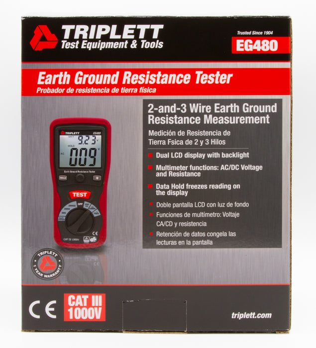 Triplett 2-and-3 Wire Earth Ground Resistance Tester EG480 pkg fr
