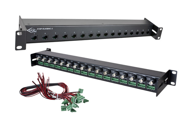 CCTV Security Camera Balun Hub:  16 Position BNC to RJ45 Female with Power Pigtails, 100-300' Cable Length - (H16P-RJ45BNC-2)